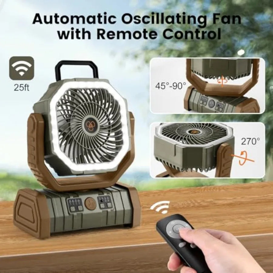 30000mAh Camping Fan with LED Lantern, Rechargeable Battery Operated Oscillating with Remote Hook, Portable Tent Fan with Timer