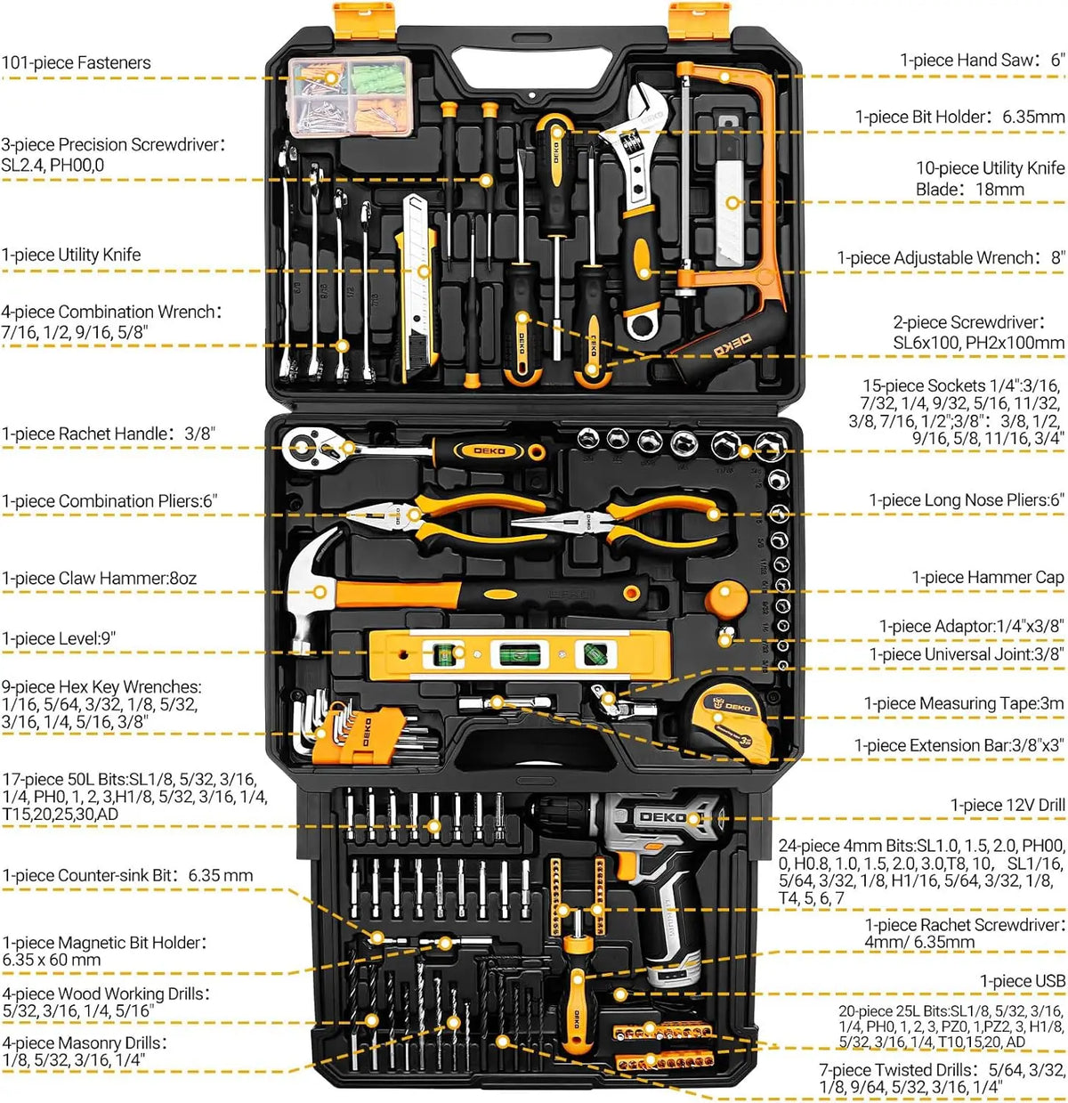 DEKO Cordless Drill And Home Repair Tool Kit