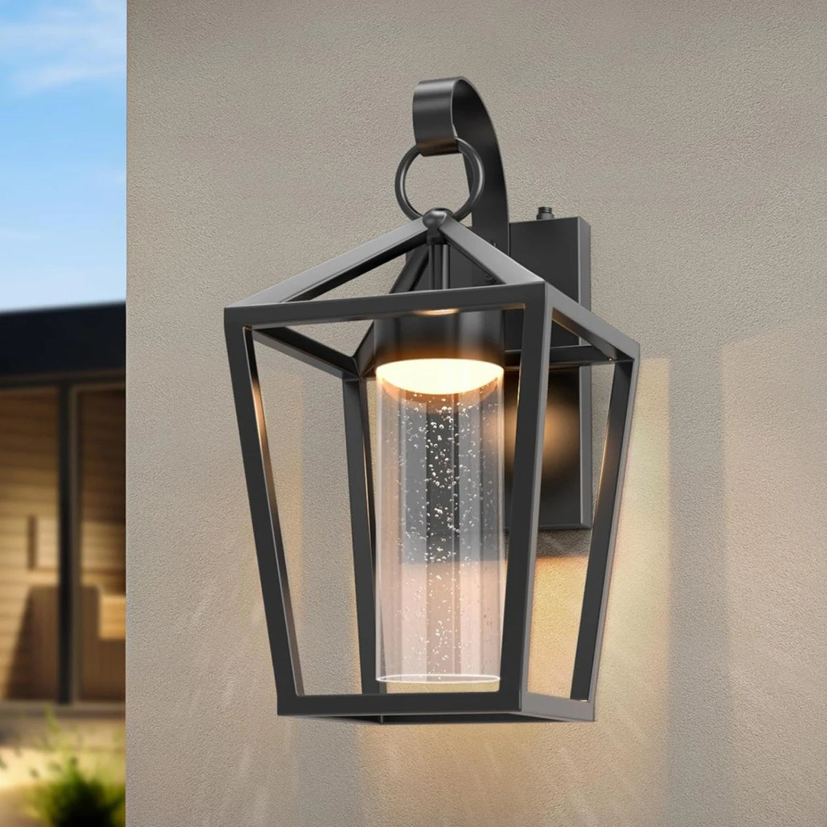Outdoor Dimmable LED Wall Light 15 Inch Black Seeded Glass Dusk to Dawn Auto On/Off Sconce for Porch Patio Entryway