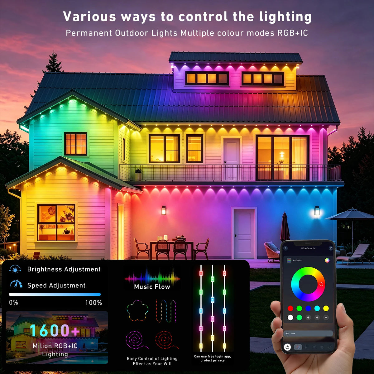 600FT Permanent Outdoor String Lights RGB+IC,IP67 Waterproof Eaves Lights, App & Remote Control, Music Sync, MyDIY Timer, Easy Install for Patio, Roofline, Garden, Deck, Fence Holiday Decor