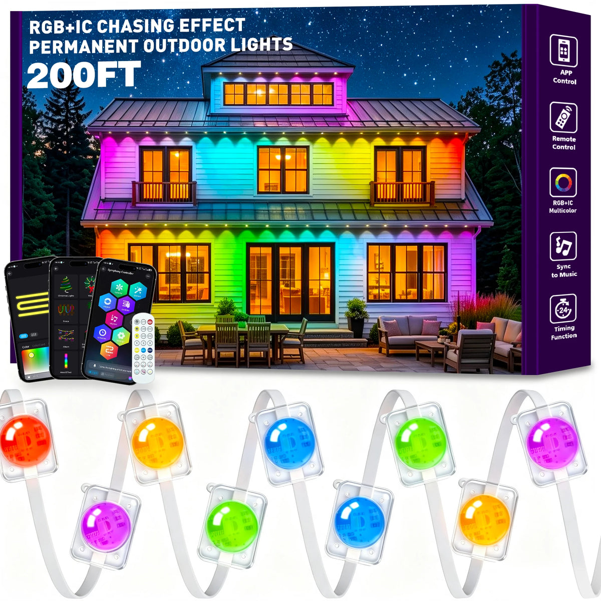 Permanent Outdoor Lights 200FT ,RGB+IC App ControlRemote, IP67 Waterproof Lighting,Outdoor Lights for Chasing Lights,Garden Decor,House,Party,Holiday,Smart