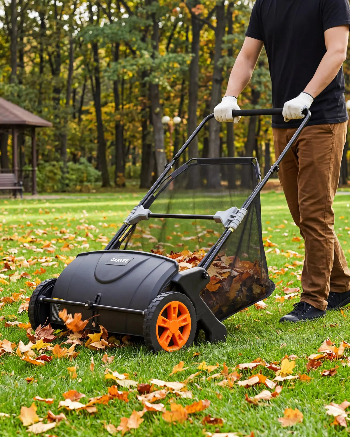 Manual Lawn Sweeper 21-Inch Push Leaf Sweeper With 4 Brushes, 3.5 Cu. Ft. Hopper, Height Adjustable For Yard, Patio, Driveway