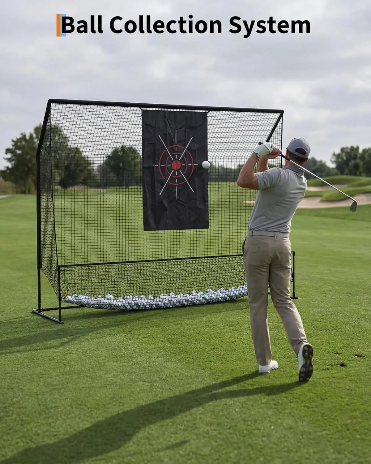 Black Golf Hitting Practice Net with Aiming Panel | lightweight foldable frame design, built-in bottom ball storage pocket, fit indoor garage and backyard outdoor swing practice