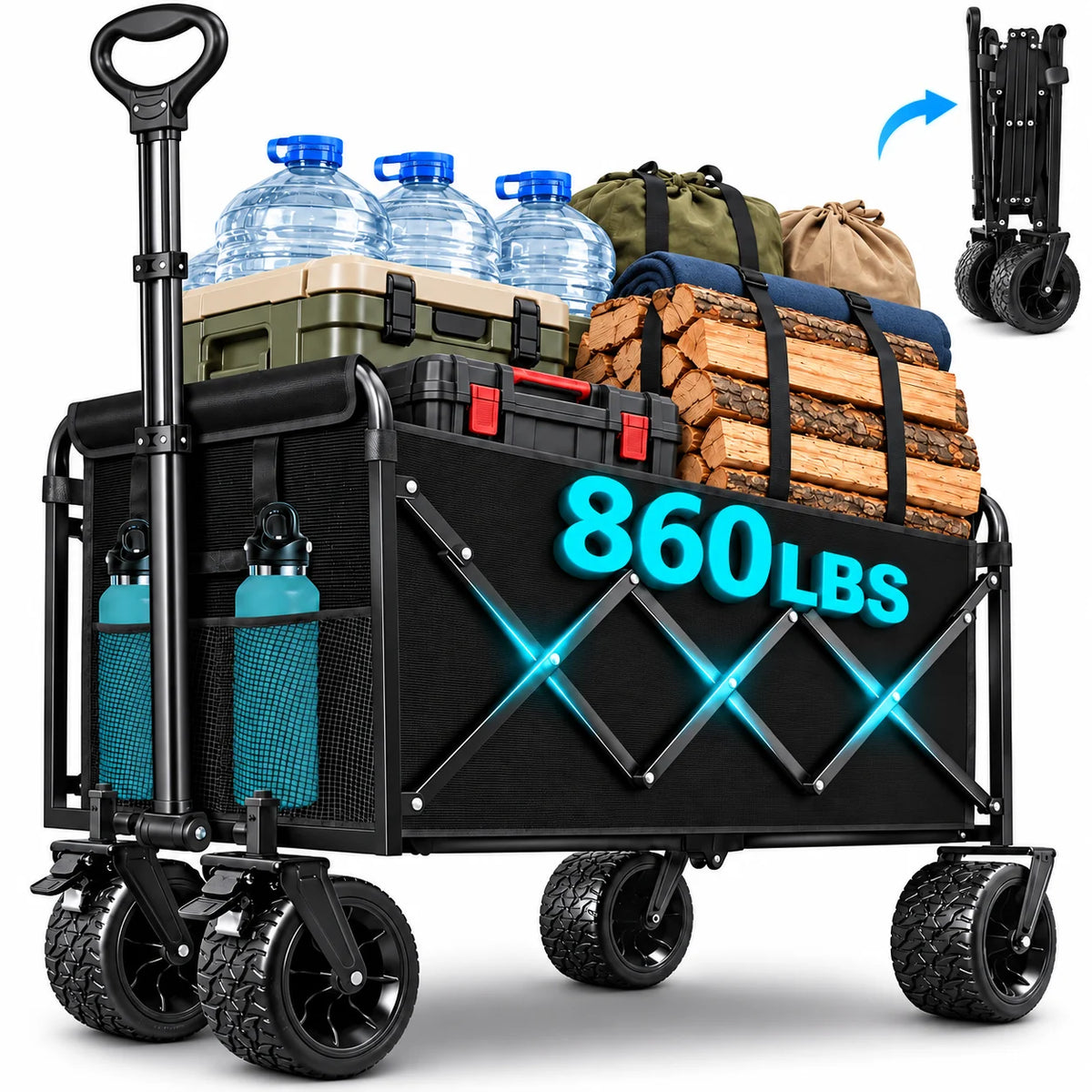 860LBS Heavy Duty Folding Wagon Cart, Large Capacity Collapsible Utility Wagon with All-Terrain Wide Wheels, Reinforced Steel Frame, 600D Oxford Fabric, Adjustable Handle & Dual Cup Holders for Camping, Shopping, Garden & Out