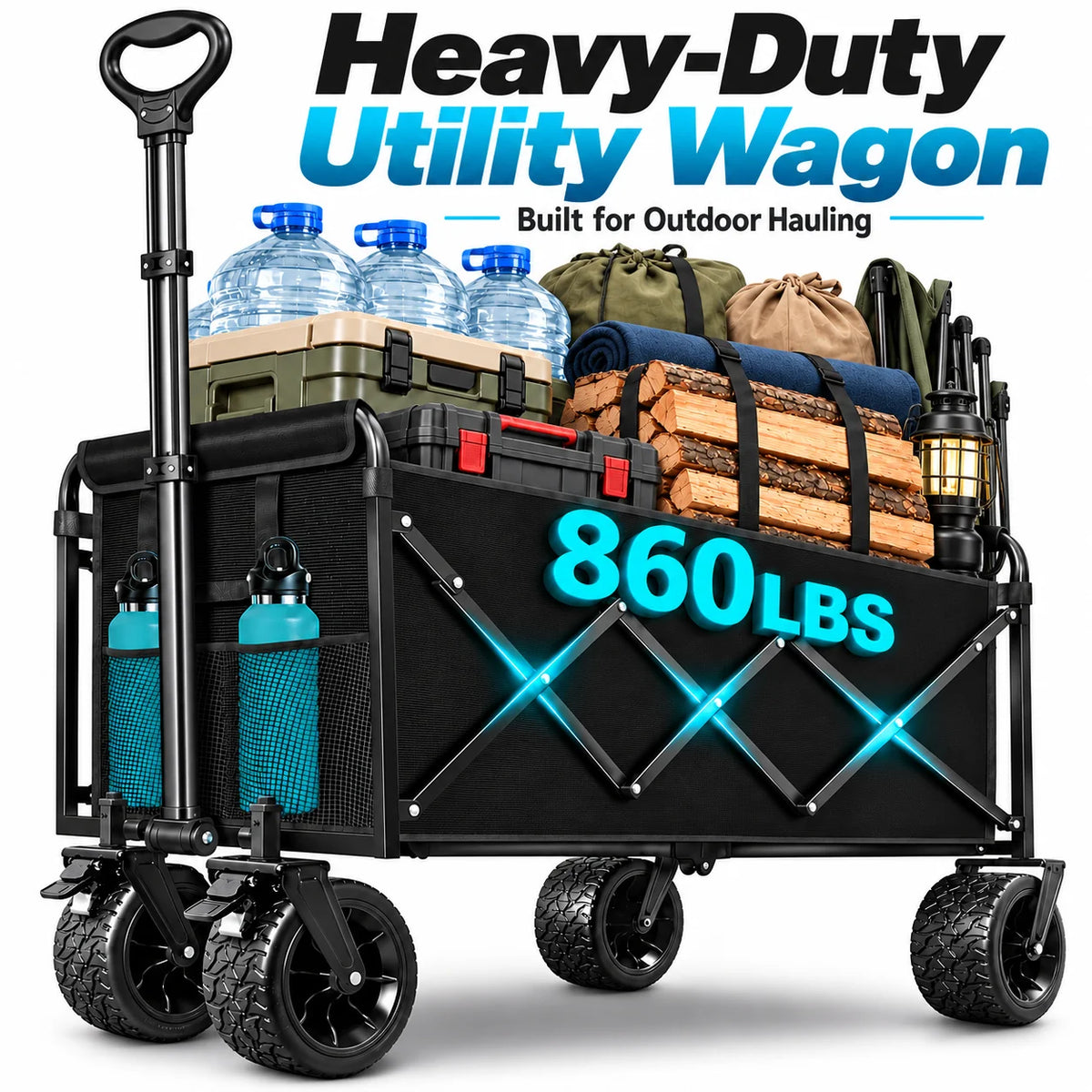860LBS Heavy Duty Folding Wagon Cart, Large Capacity Collapsible Utility Wagon with All-Terrain Wide Wheels, Reinforced Steel Frame, 600D Oxford Fabric, Adjustable Handle & Dual Cup Holders for Camping, Shopping, Garden & Out
