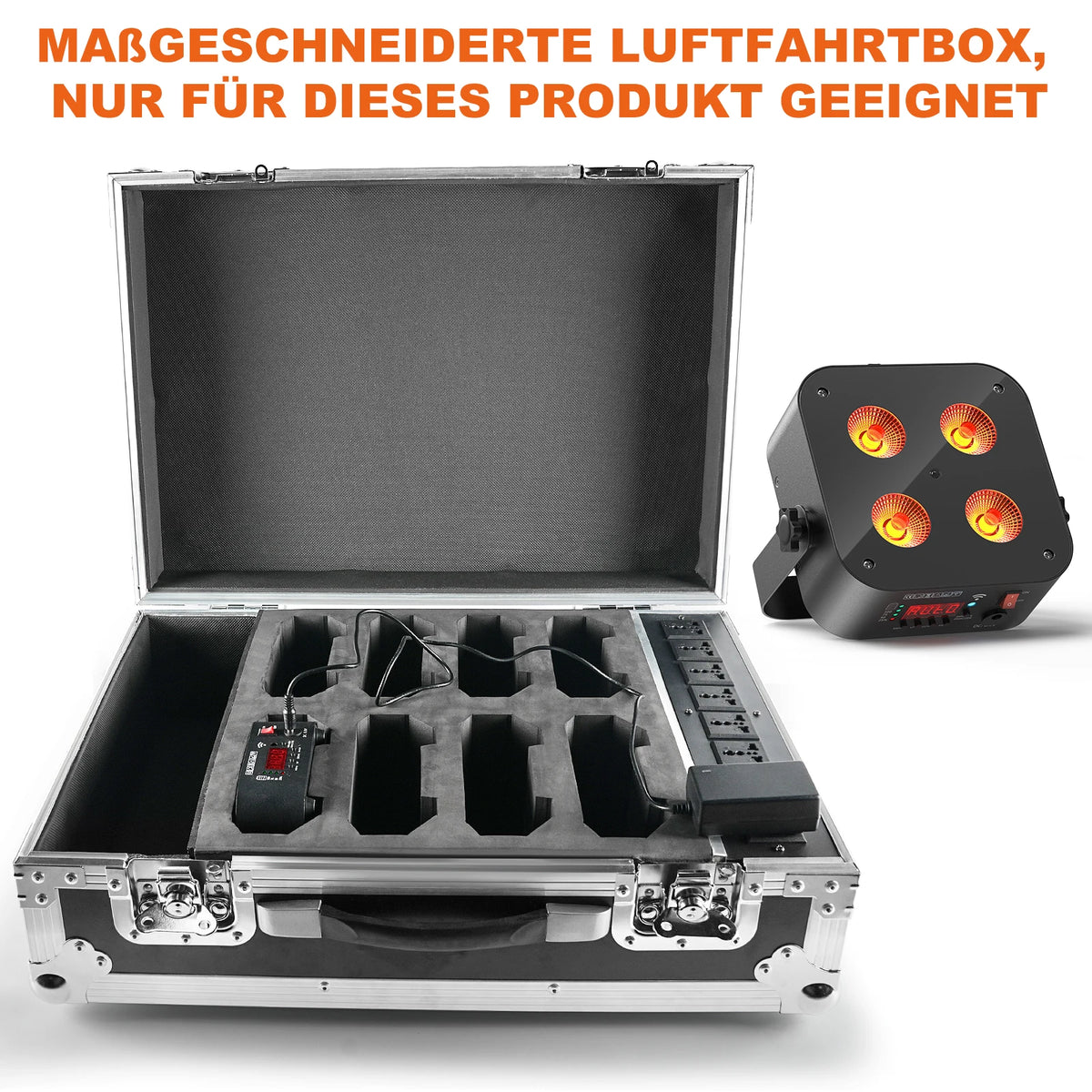 Fieryzeal Rechargeable Gator Cases for (8) Rechargeable APP Par Light Flight Case for 4x18W Built-in Battery Wireless Par Light