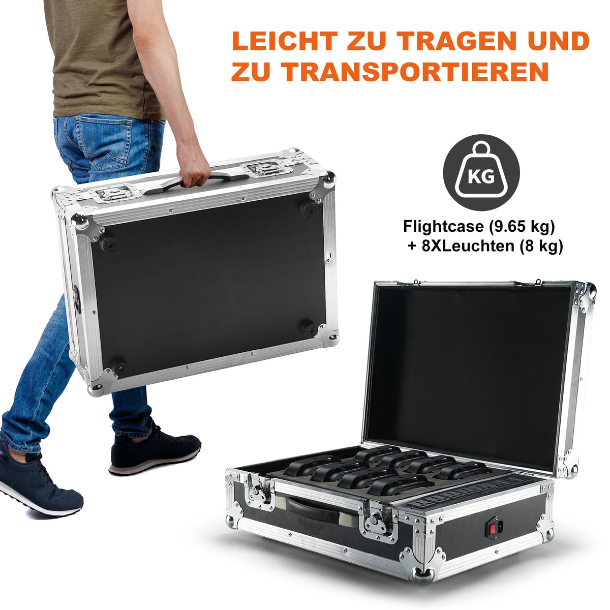 Fieryzeal Rechargeable Gator Cases for (8) Rechargeable APP Par Light Flight Case for 4x18W Built-in Battery Wireless Par Light