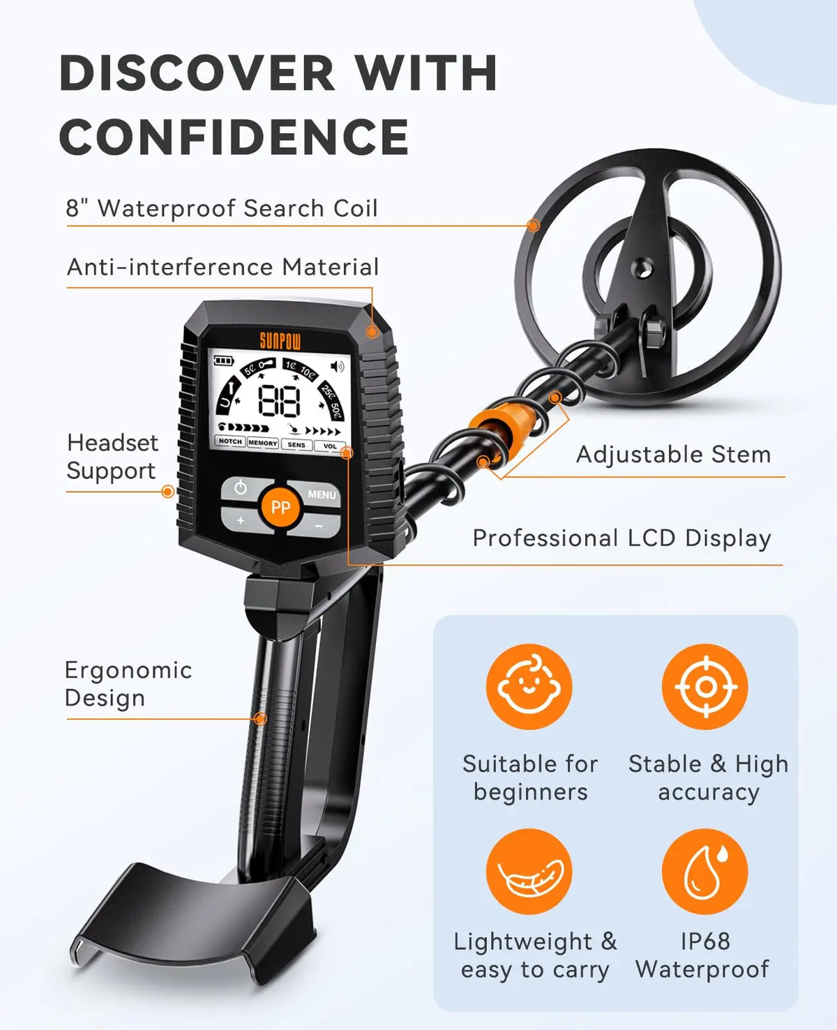 SUNPOW Professional Metal Detector for Adults,8" IP68 Waterproof Coil,4 Modes LCD,Lightweight Pinpoint Gold Detector,Outdoor Treasure Hunting Coin Relic Finder