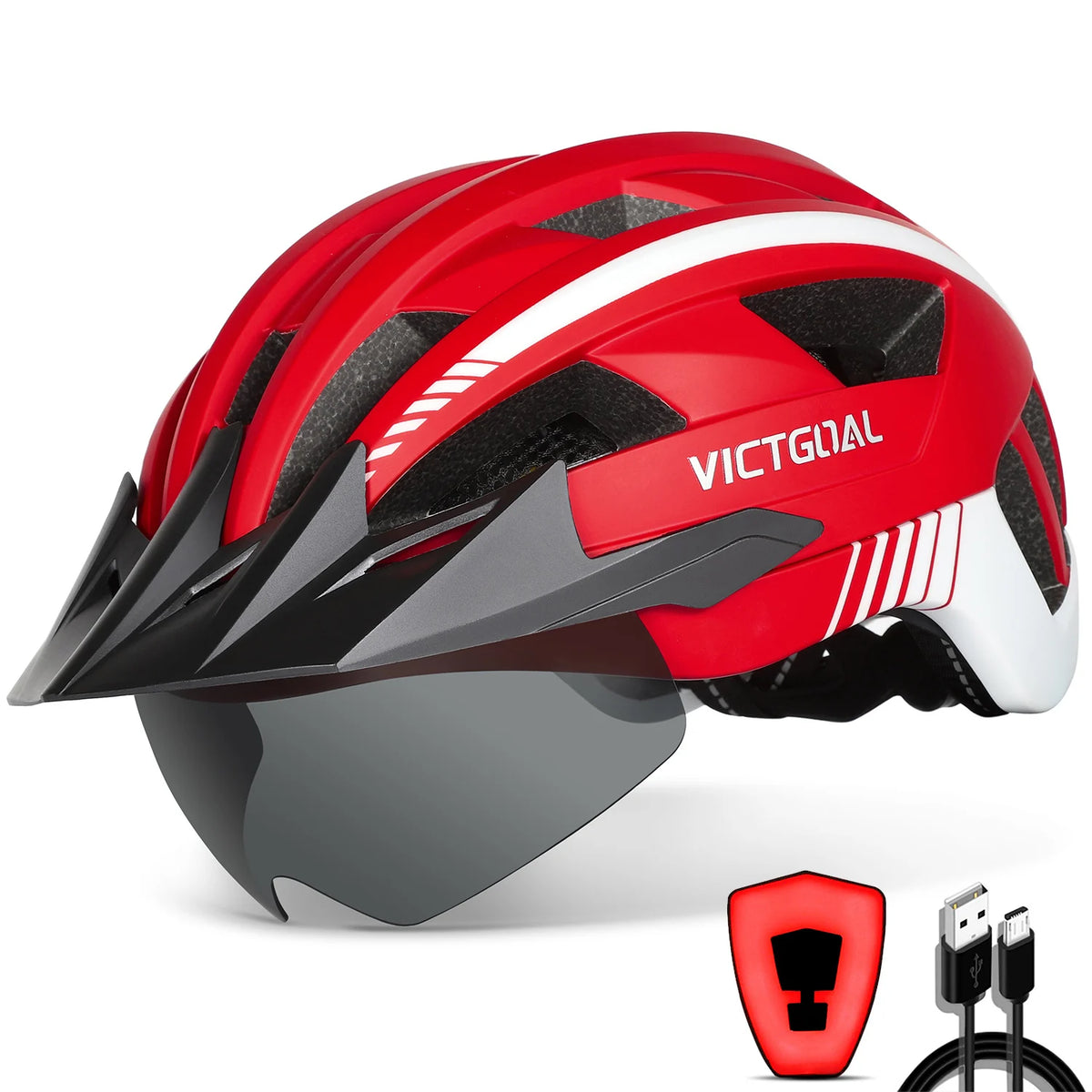 VICTGOAL Mountain Bike Helmet With Goggles And USB Light
