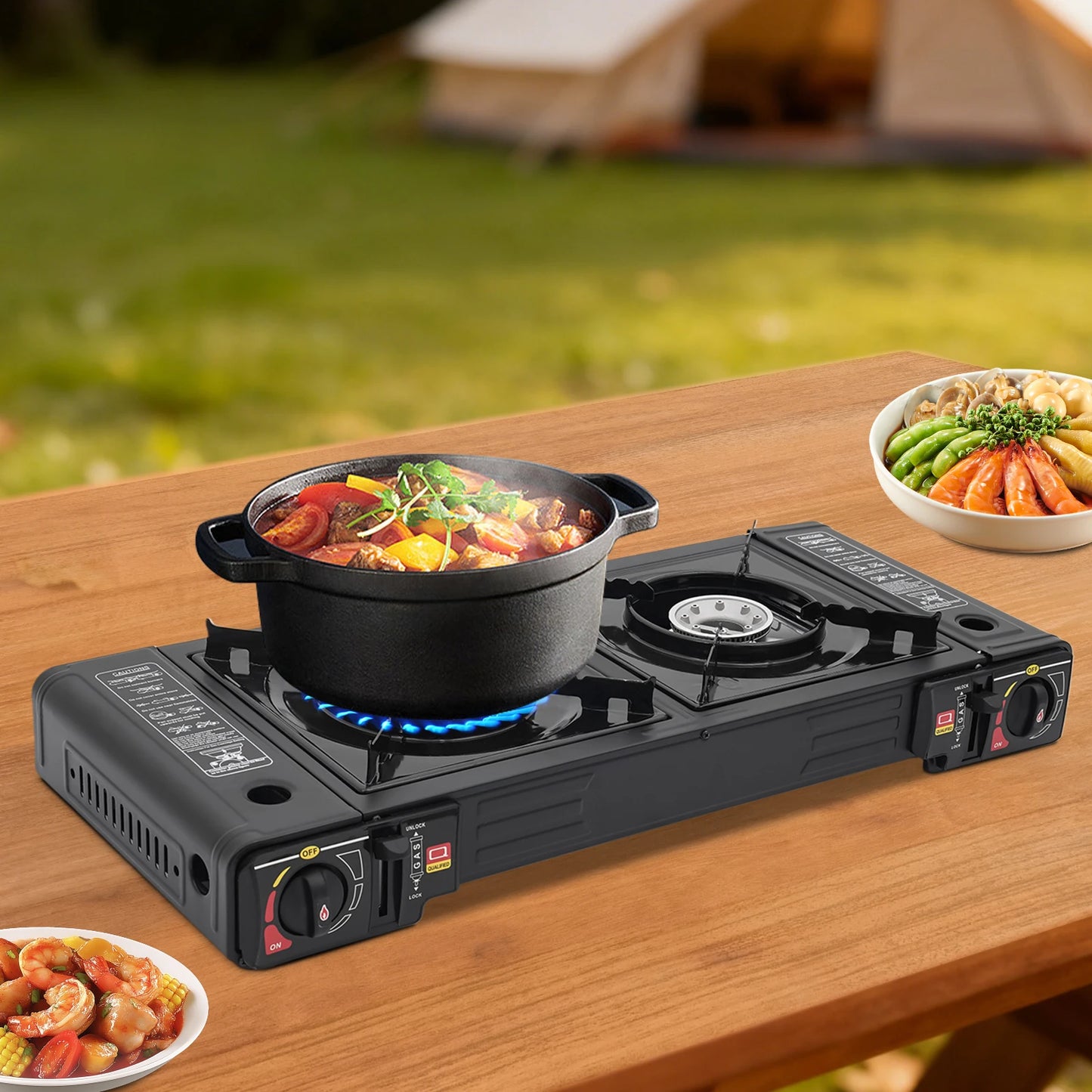 Dual Burner Portable Gas Stove With Piezo Ignition