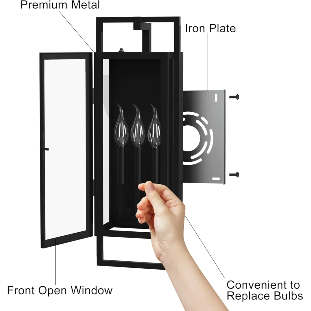 25" 3-Light Outdoor Wall Mount Fixture, Dusk-to-Dawn Black Metal Sconce with Seeded Glass Shade, Auto On/Off Waterproof Porch Light for House Exterior Patio (No Bulb)