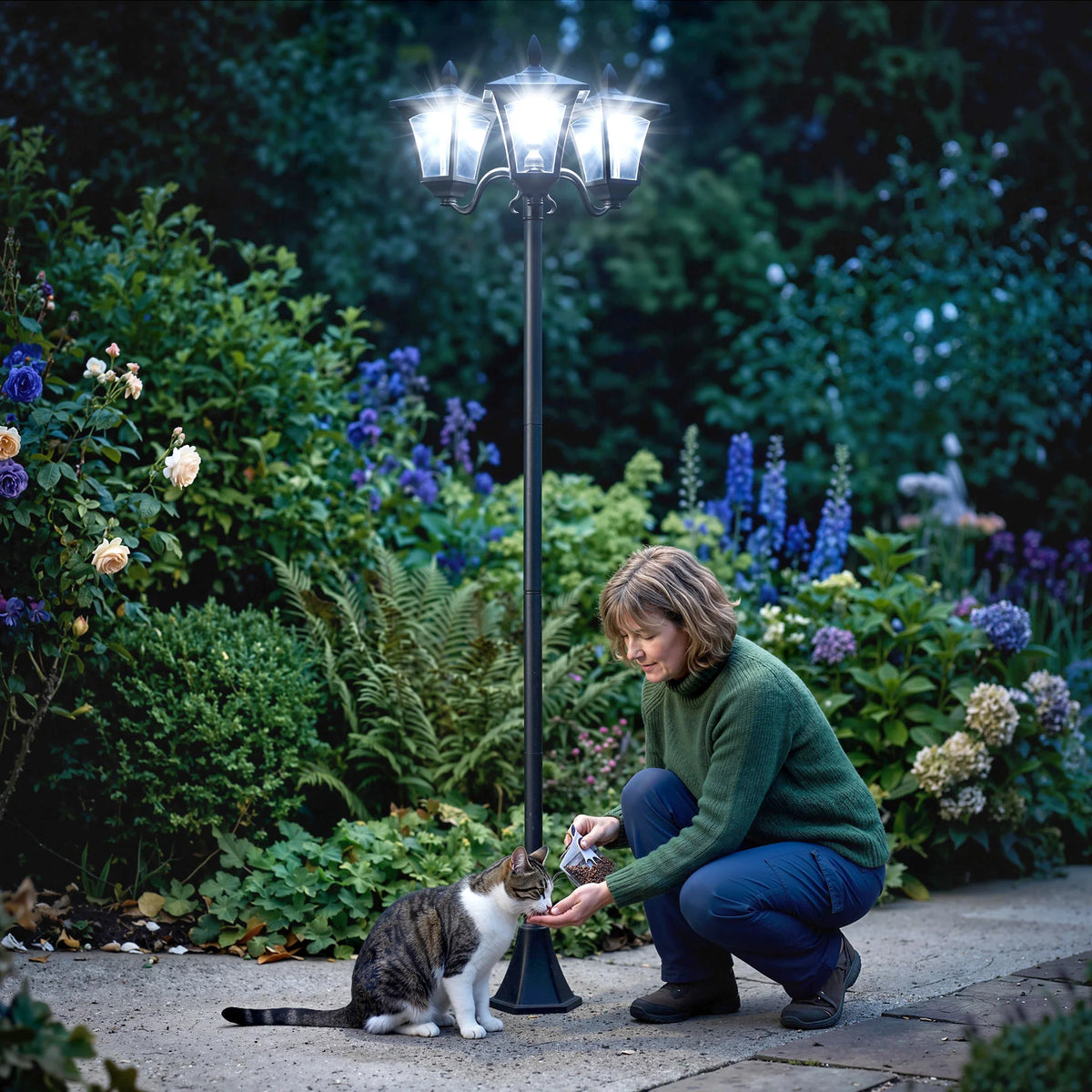 72" Outdoor Solar Light Post, All-Weather, Triple Head Lamp, Driveway, Black