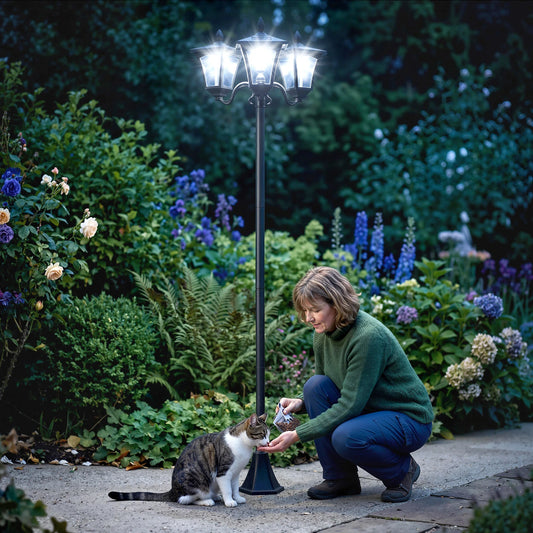72" Outdoor Solar Light Post, All-Weather, Triple Head Lamp, Driveway, Black