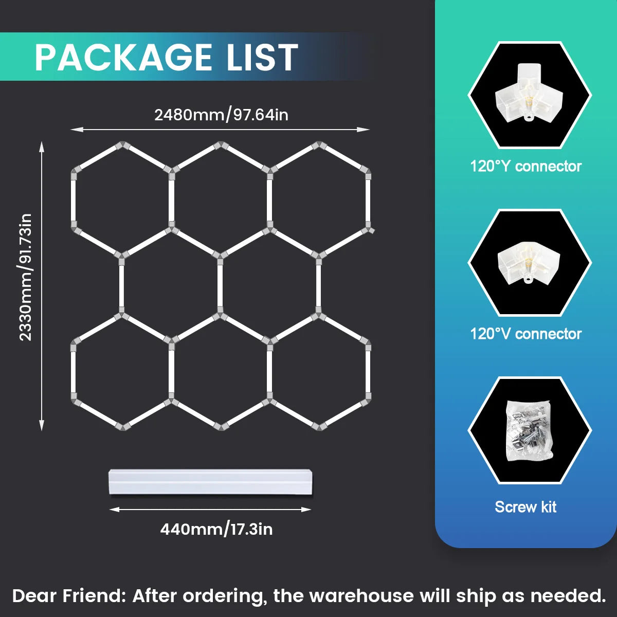 Local Warehouse: A set of honeycomb hexagonal structures with various shapes, 6500K cold white light lifting and screw installation, suitable for warehouses, 4S workshops,wash shops, and hair salons, installed on garage ceili