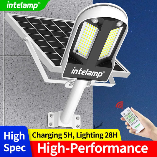 Intelamp High Spec High Performance Outdoor Solar Street Lights 12500Mah with Super Large Solar Panel Two Motion Sensors Security Flood Light Streetlight for Driveways Parking Lot Path Walkway
