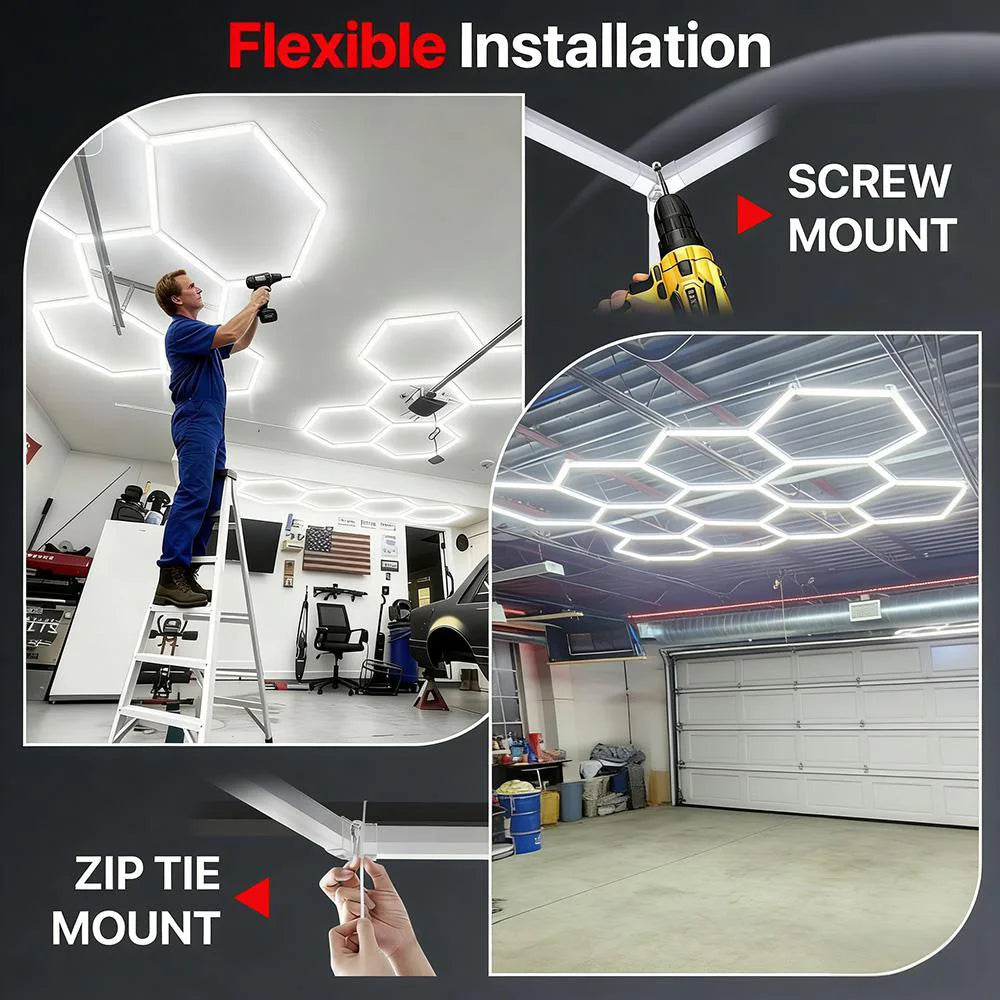 Local Warehouse: A set of honeycomb hexagonal structures with various shapes, 6500K cold white light lifting and screw installation, suitable for warehouses, 4S workshops,wash shops, and hair salons, installed on garage ceili