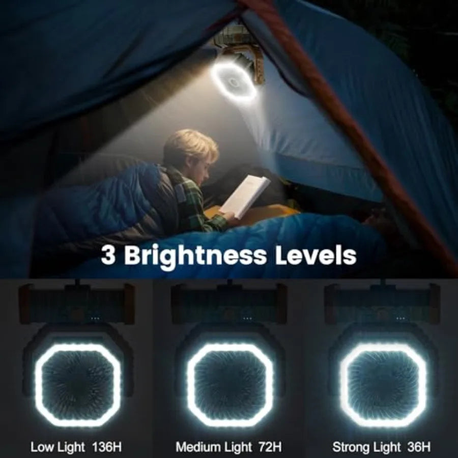 30000mAh Camping Fan with LED Lantern, Rechargeable Battery Operated Oscillating with Remote Hook, Portable Tent Fan with Timer