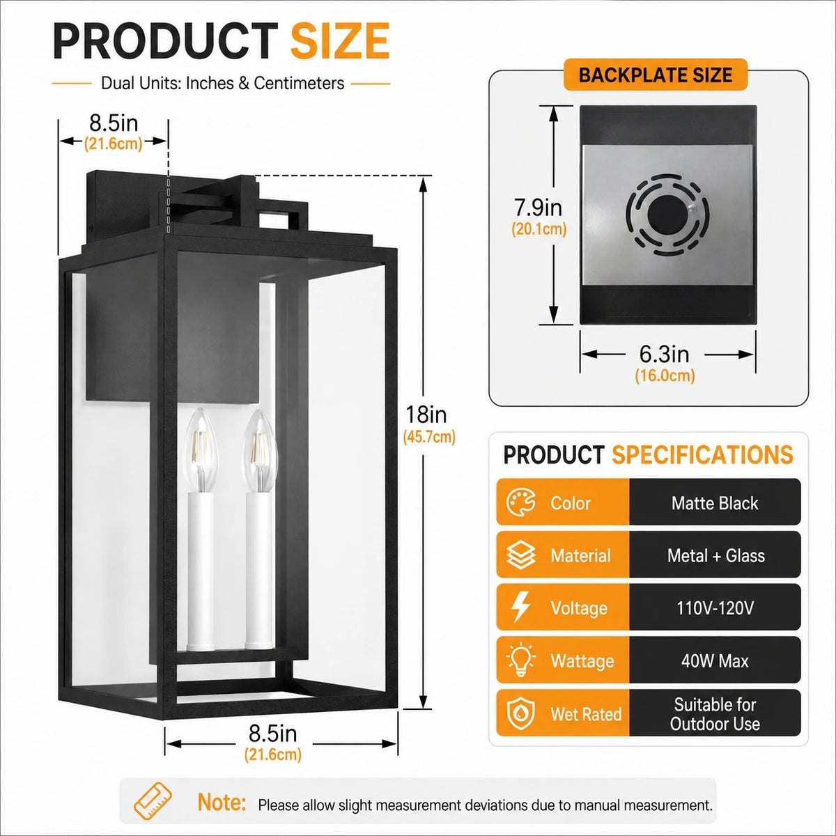 2 - Light 18'' H Black and White E12 Base Outdoor Wall Light with Clear Tempered Glass(not included bulbs)