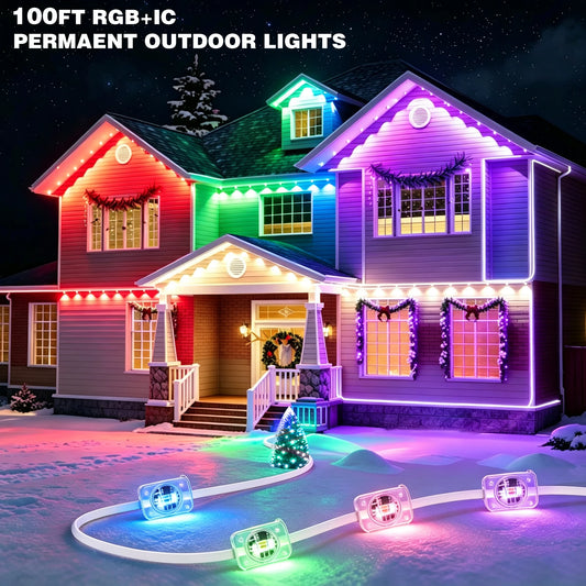 100FT Permanent Outdoor Lights Rgbic, Outdoor Christmas Lights, Smart RGBIC App Control with 60 LEDs, LED Eaves Lights IP67 Waterproof, House Roof Outdoor Lighting for Party, Daily, Halloween, Garden