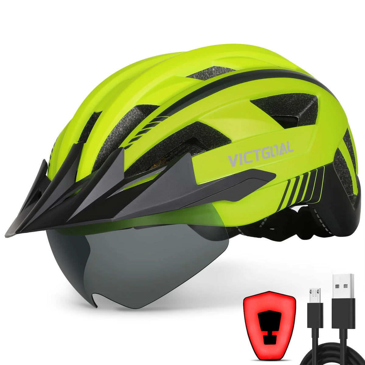 Victgoal Adult Bike Helmet With USB Light And Goggles