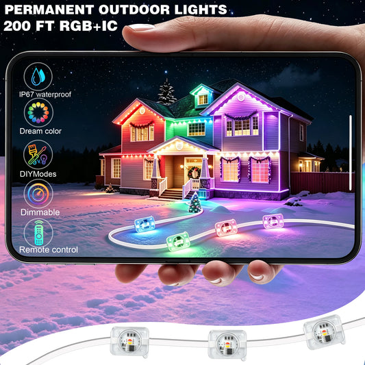 Permanent Outdoor Lights 200FT ,RGB+IC App ControlRemote, IP67 Waterproof Lighting,Outdoor Lights for Chasing Lights,Garden Decor,House,Party,Holiday,Smart