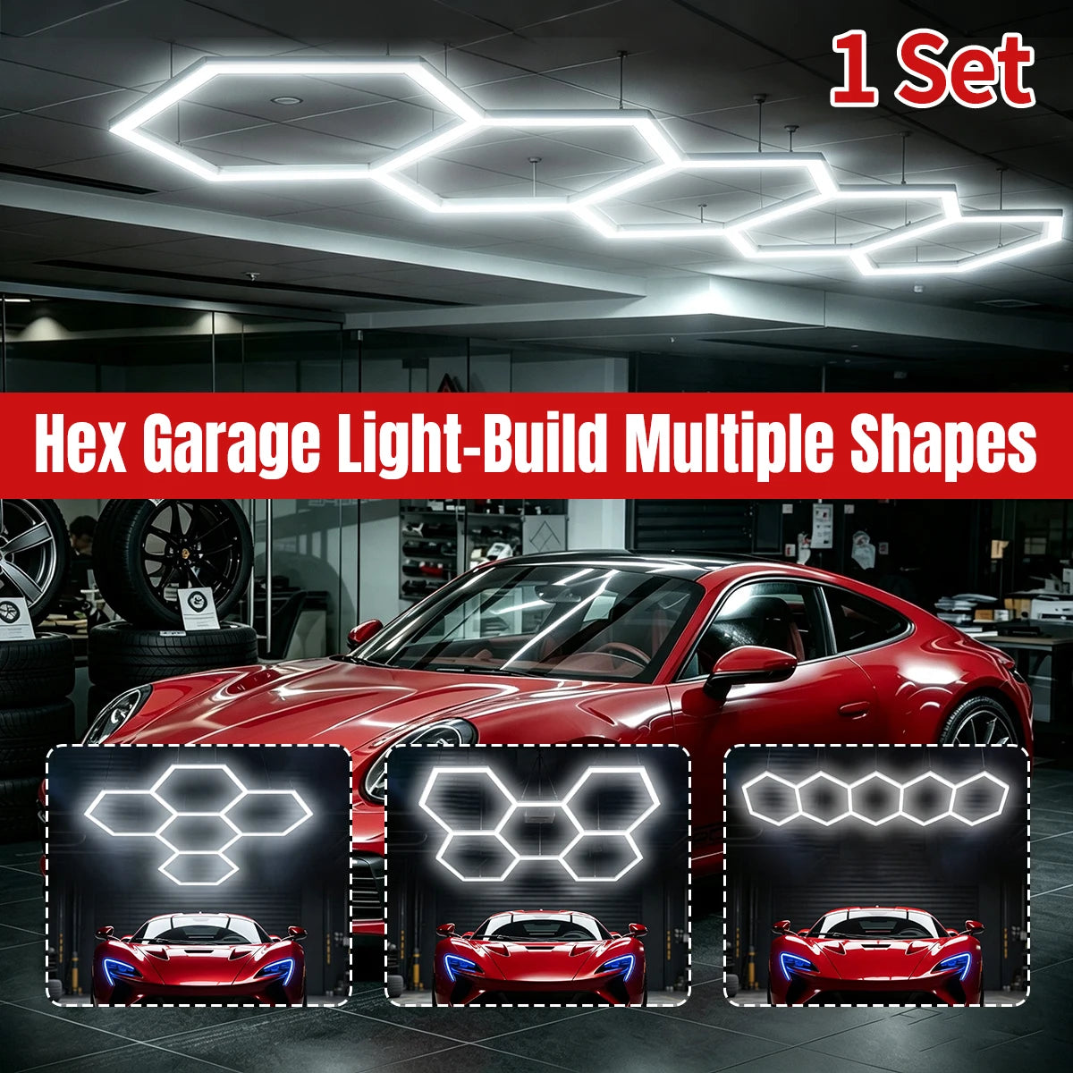 Local Warehouse: A set of honeycomb hexagonal structures with various shapes, 6500K cold white light lifting and screw installation, suitable for warehouses, 4S workshops,wash shops, and hair salons, installed on garage ceili