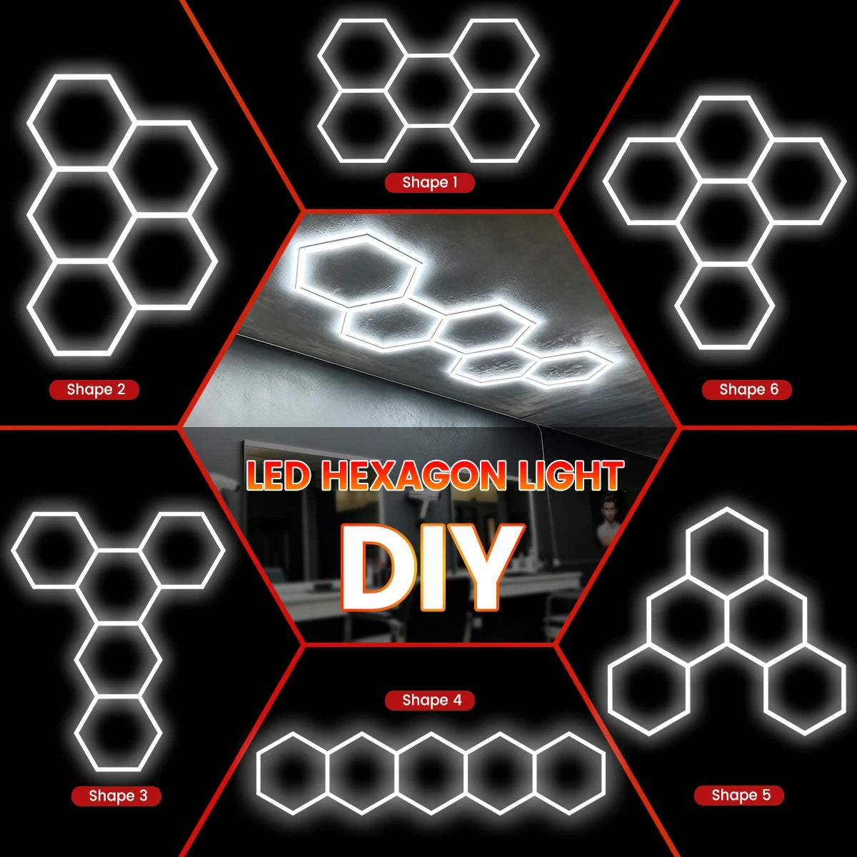 Local Warehouse: A set of honeycomb hexagonal structures with various shapes, 6500K cold white light lifting and screw installation, suitable for warehouses, 4S workshops,wash shops, and hair salons, installed on garage ceili