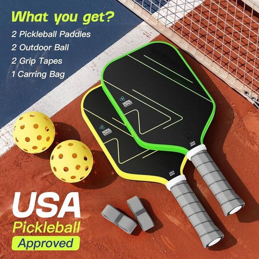 Set of 2 USAPA Approved Multi-Layer Textured Carbon Fiber Pickleball Paddles Spin & Power Optimized Surface Lightweight Rackets For Beginners Intermediate Players Men Women Indoor Court Backyard Training Competitive Sports
