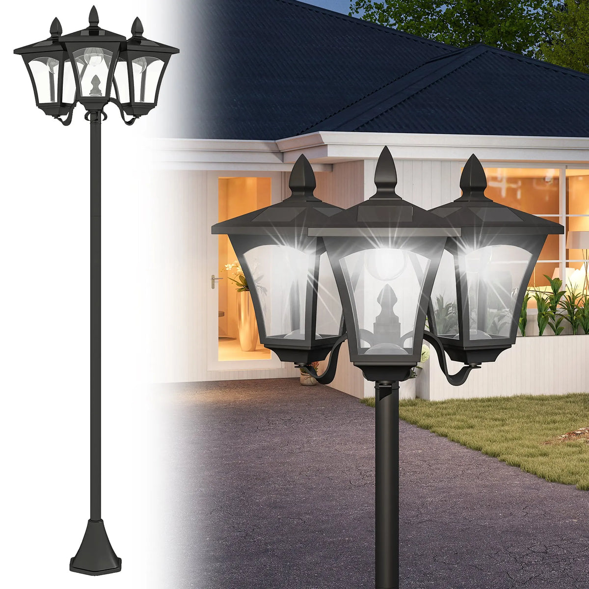 72" Outdoor Solar Light Post, All-Weather, Triple Head Lamp, Driveway, Black