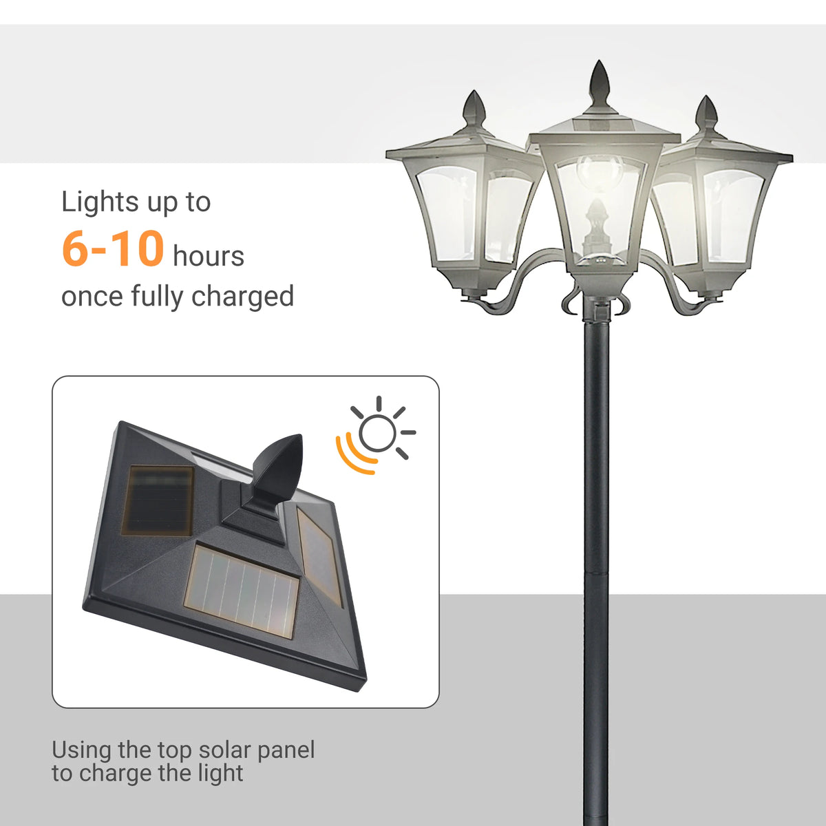 72" Outdoor Solar Light Post, All-Weather, Triple Head Lamp, Driveway, Black
