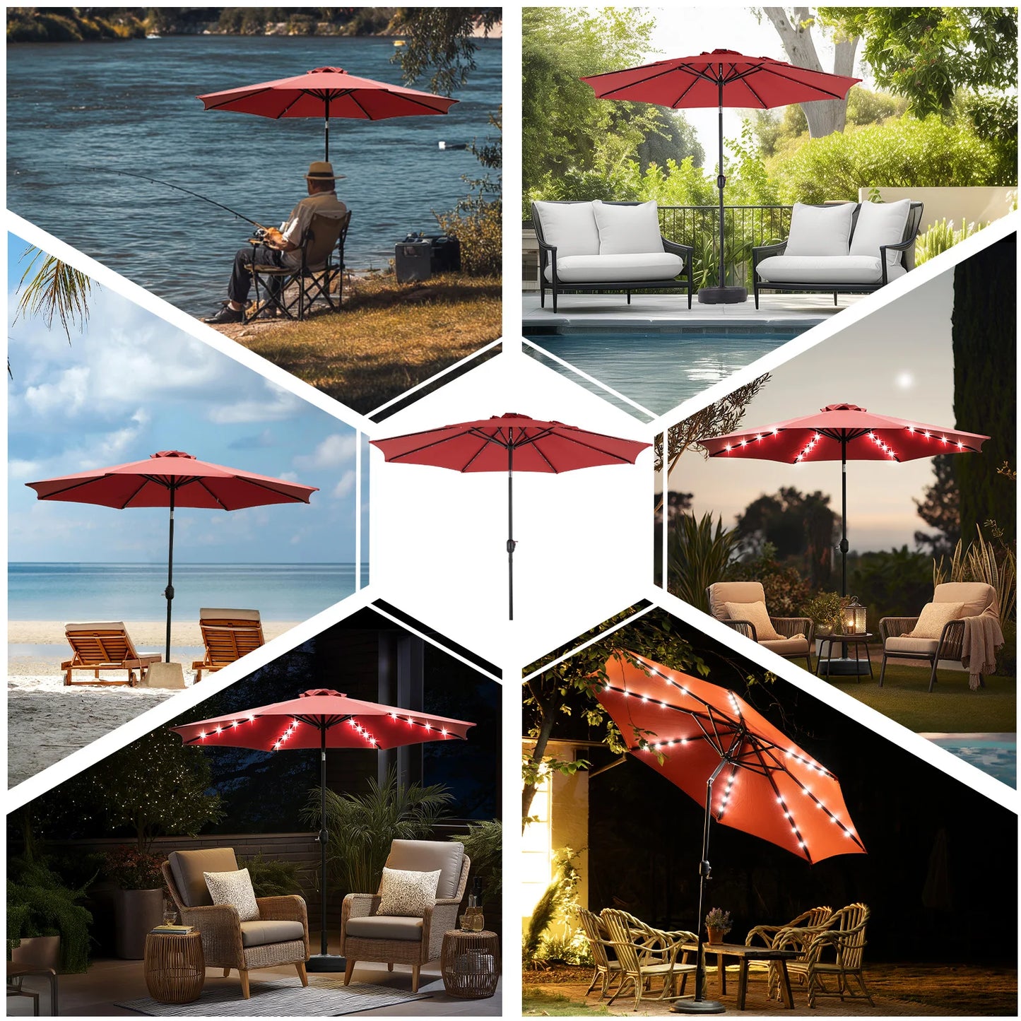 JHK 10Ft Solar Patio Umbrella With Led Lights And Tilt