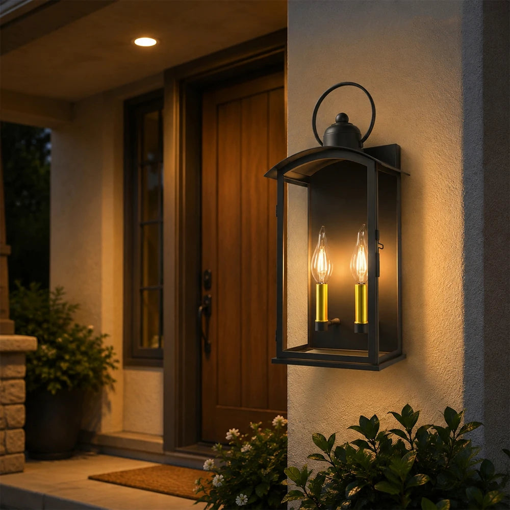 19.7 in Dusk to Dawn Outdoor Wall Sconce, Matte Black Waterproof large exterior lantern with front-open window design for patio, porch, and entry walls(not included bulbs)
