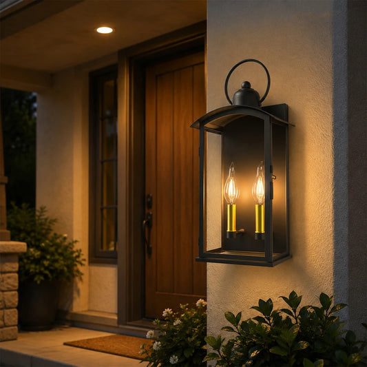 19.7 in Dusk to Dawn Outdoor Wall Sconce, Matte Black Waterproof large exterior lantern with front-open window design for patio, porch, and entry walls(not included bulbs)