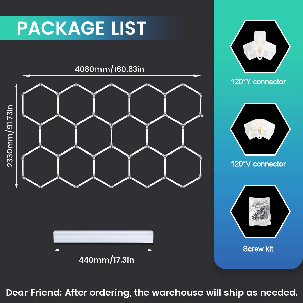 Local Warehouse: A set of honeycomb hexagonal structures with various shapes, 6500K cold white light lifting and screw installation, suitable for warehouses, 4S workshops,wash shops, and hair salons, installed on garage ceili