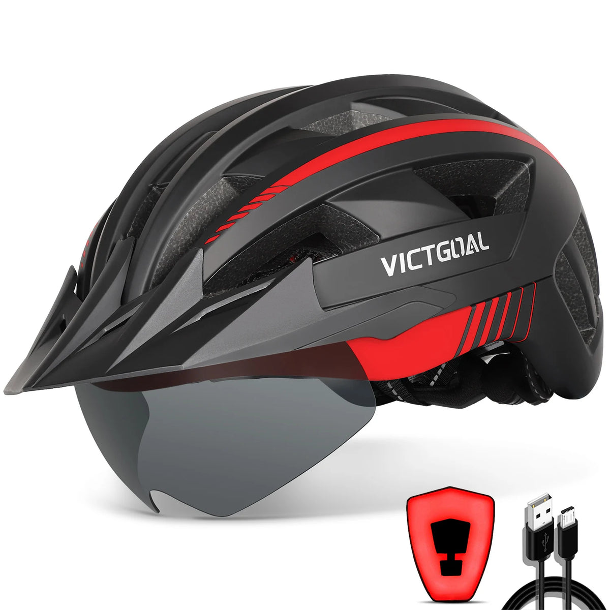 Victgoal Adult Bike Helmet With USB Light And Goggles