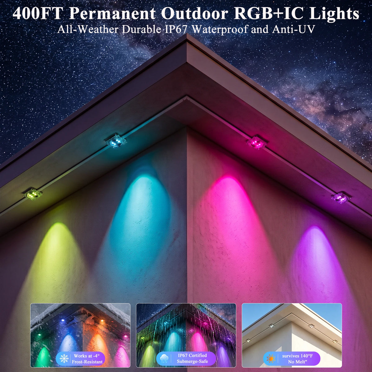 Permanent Outdoor Lights 400FT RGBIC,IP67 Waterproof Eaves Lights with App & Remote, Music Sync, 5000+ Scenes, MyDIY Timer, Easy Install for Patio, Roof, Garden, Deck, Fence Holiday Decor