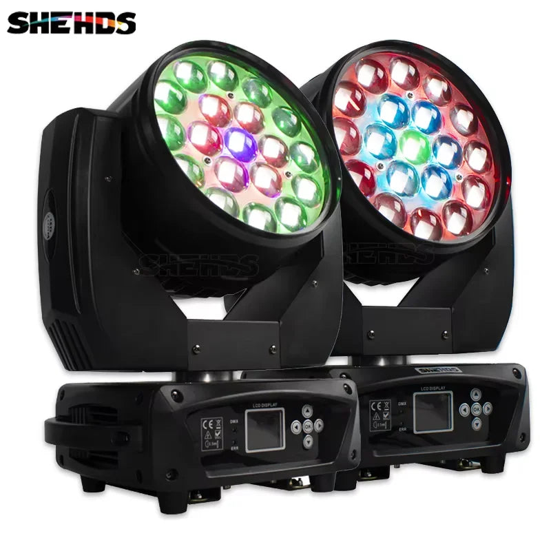SHEHDS 2PCS Beam+Wash 19x15W RGBW Zoom Moving Head Lighting for Disco KTV Party Christmas Lights Audience Theater