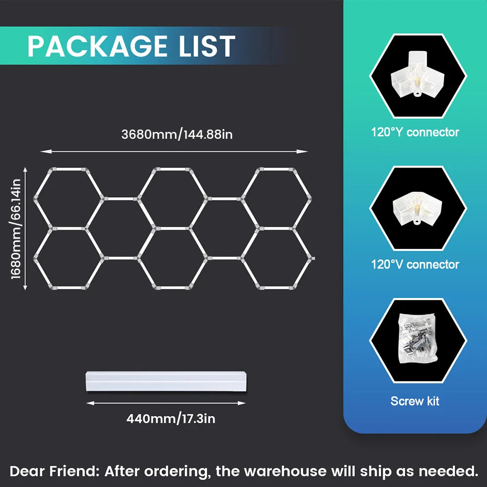 Local Warehouse: A set of honeycomb hexagonal structures with various shapes, 6500K cold white light lifting and screw installation, suitable for warehouses, 4S workshops,wash shops, and hair salons, installed on garage ceili