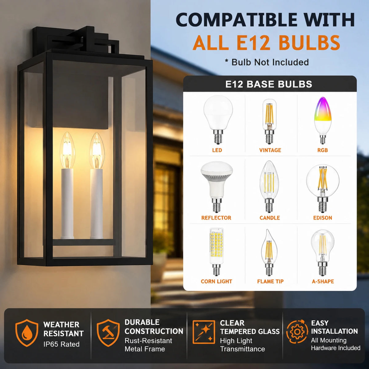 2 - Light 18'' H Black and White E12 Base Outdoor Wall Light with Clear Tempered Glass(not included bulbs)