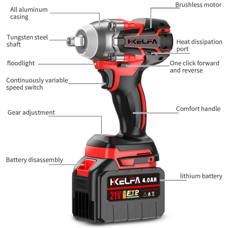 HKELFA Brushless Cordless Impact Wrench Tool