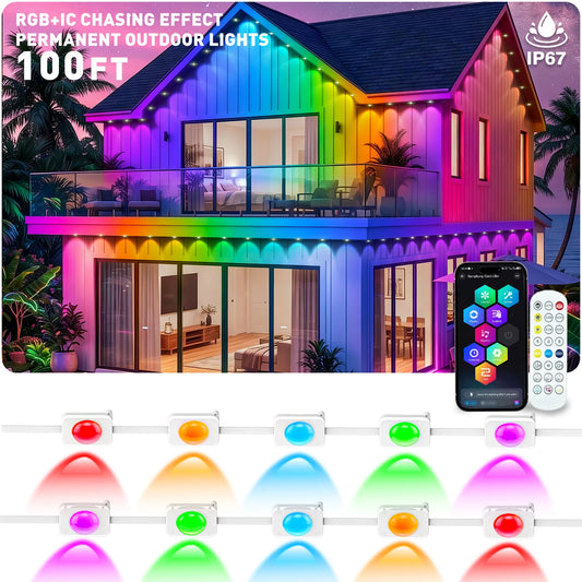 100FT Permanent Outdoor Lights RGBIC Eave Decor, IP67 Waterproof Color Changing LED House Eave Lighting, Smart APP & Remote Control Music Sync Outdoor LED Roof Lights, Timable DIY Scene Lights for Holiday, Patio,