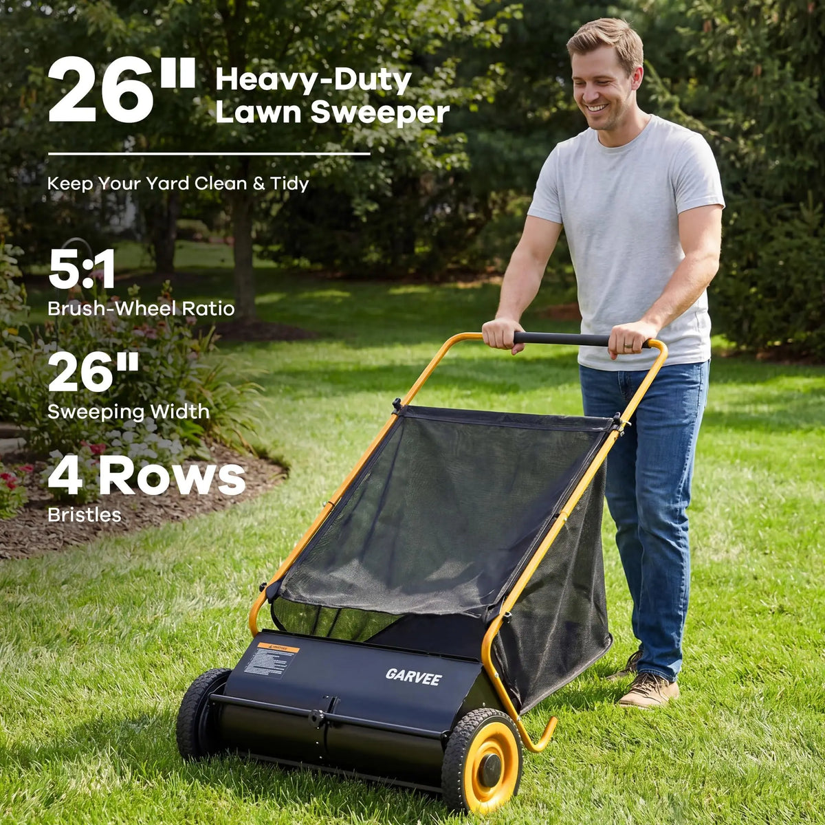 Push Lawn Sweeper 26in Leaf & Grass Collector, 7 Cu.Ft Hopper Bag With Cover, Adjustable Brush Height, Steel Yard Sweeper
