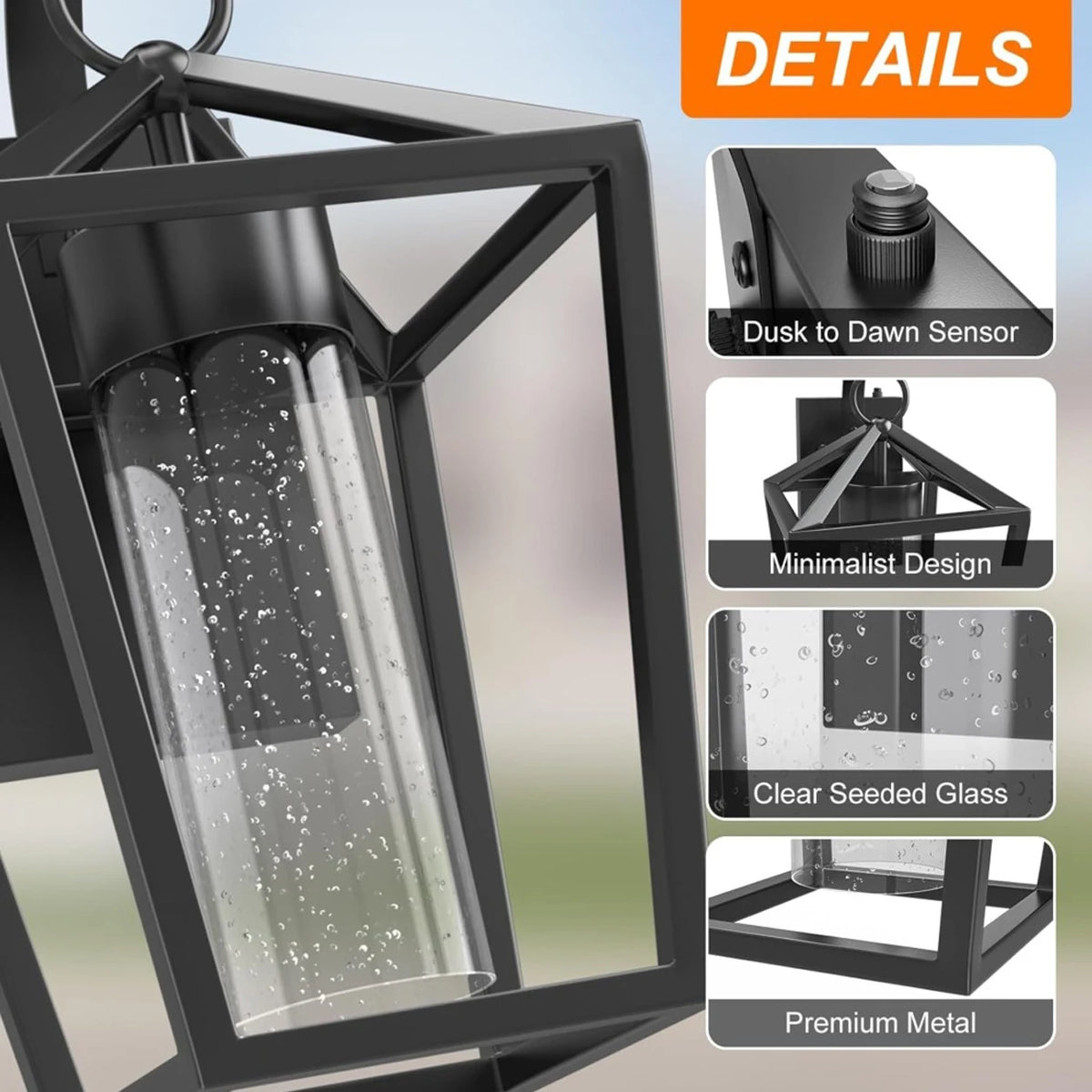 Outdoor Dimmable LED Wall Light 15 Inch Black Seeded Glass Dusk to Dawn Auto On/Off Sconce for Porch Patio Entryway