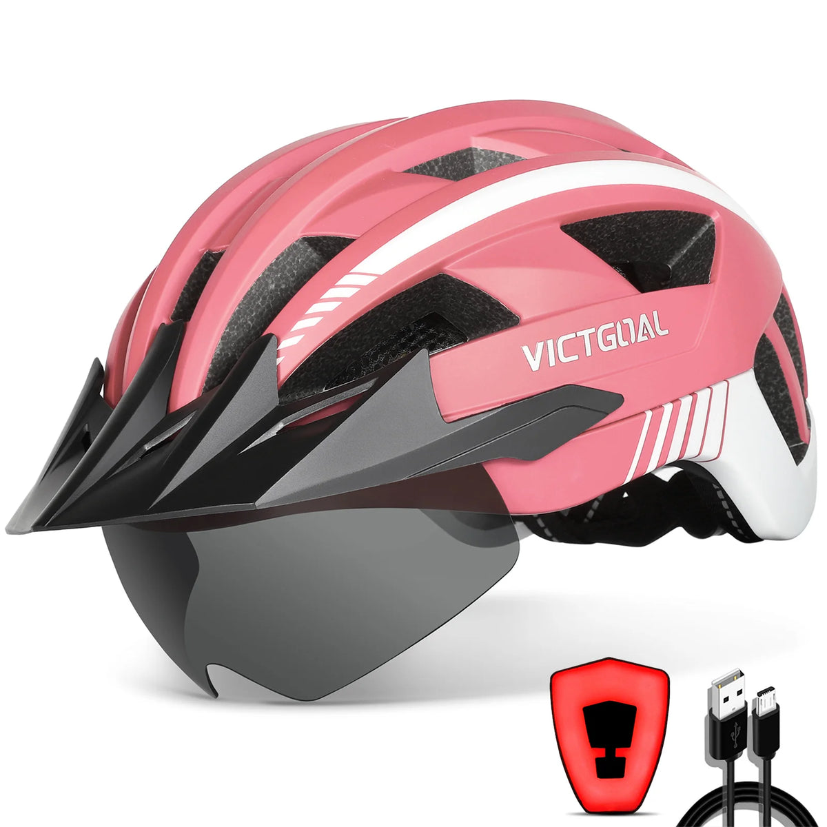 Victgoal Adult Bike Helmet With USB Light And Goggles