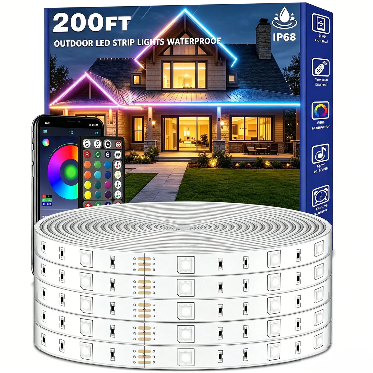200ft Outdoor LED Strip Lights Waterproof,IP68 Outside Led Light Strips with App and Remote,Music Sync RGB Exterior Rope Self Adhesive Back for Deck,Balcony,Pool