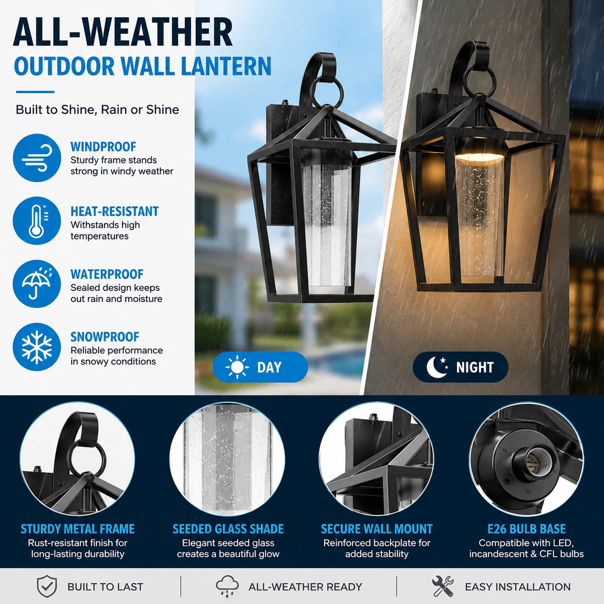 Outdoor Dimmable LED Wall Light 15 Inch Black Seeded Glass Dusk to Dawn Auto On/Off Sconce for Porch Patio Entryway