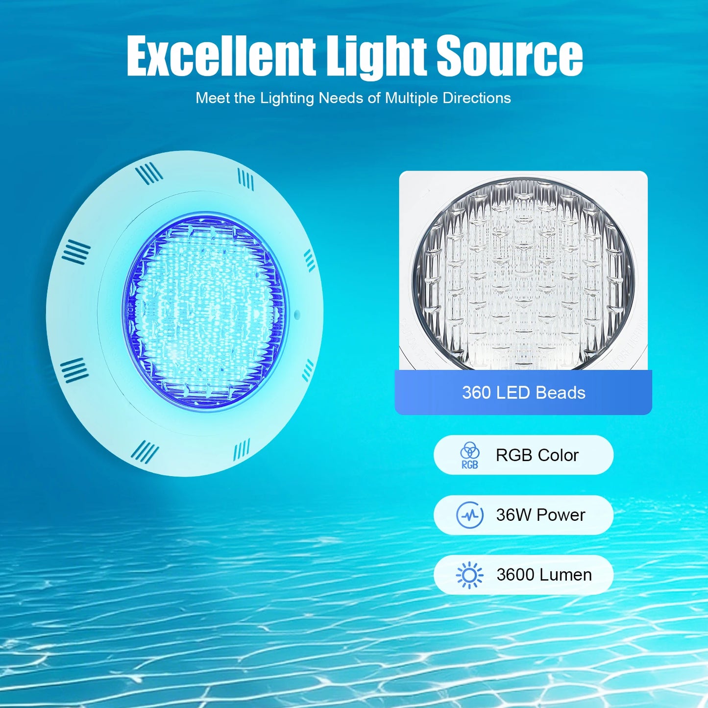36W IP68 Waterproof 7-Color LED Swimming Pool Light With Remote Control