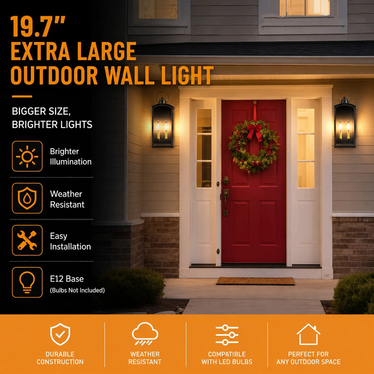 19.7 in Dusk to Dawn Outdoor Wall Sconce, Matte Black Waterproof large exterior lantern with front-open window design for patio, porch, and entry walls(not included bulbs)