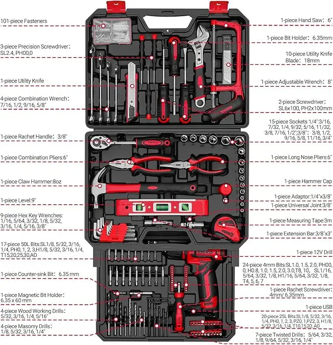 DEKO Cordless Drill And Home Repair Tool Kit
