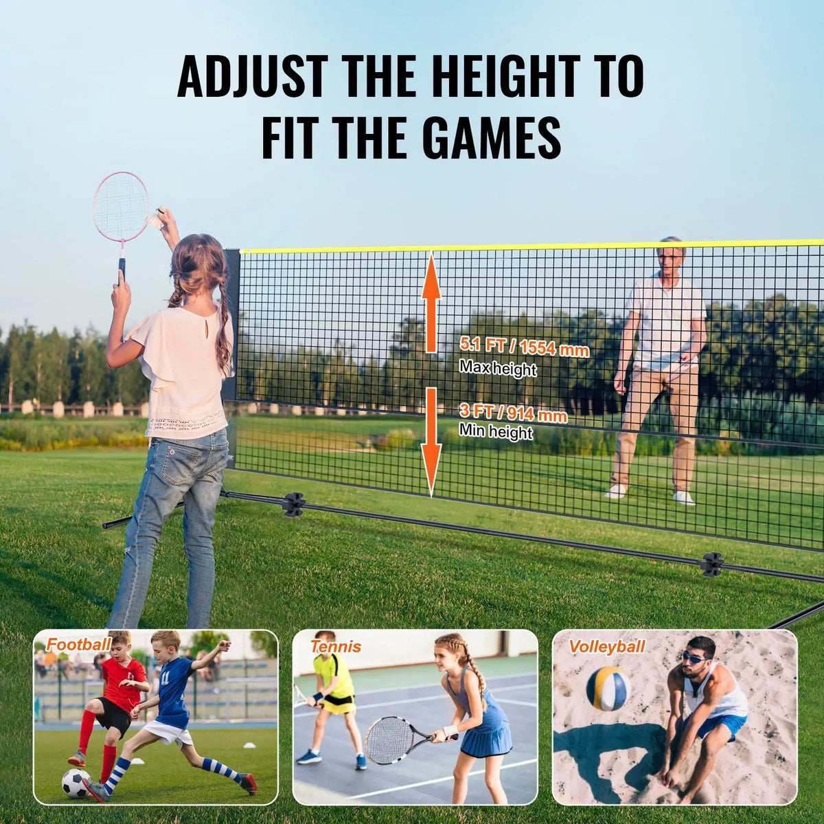 New Badminton Net, Height Adjustable Volleyball Net, 17Ft Wide Foldable Pickleball Net, Portable Easy Setup Tennis Net Set with